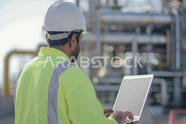وظائف ومهن هندسية، استخدام الأجهزة التقنية في المهن الهندسية، العمل في مجال الهندسة الإنشائية، الإشراف على سير أعمال البناء، متابعة تنفيذ المشاريع المعمارية، صورة مقربة من الخلف لمهندس عربي خليجي سعودي يرتدي سترة وخوذة الحماية يحمل بيده الحاسوب المحمول