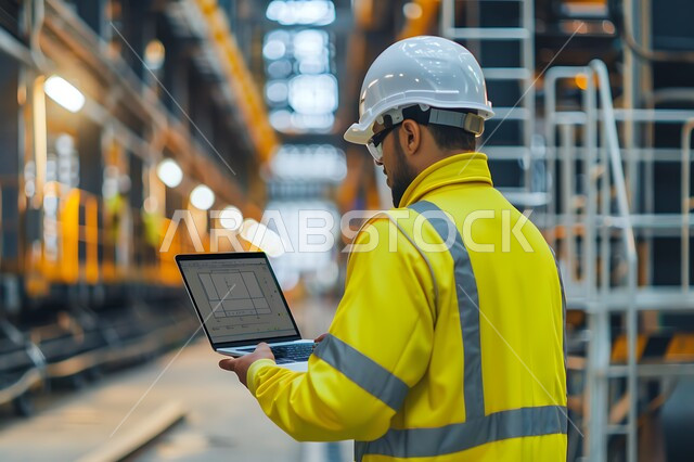 استخدام الأجهزة التقنية في المهن الهندسية، العمل في مجال الهندسة الإنشائية، الإشراف على سير أعمال البناء، متابعة تنفيذ المشاريع المعمارية، صورة مقربة من الخلف لمهندس عربي خليجي سعودي يرتدي سترة وخوذة الحماية يحمل بيده الحاسوب المحمول، وظائف ومهن هندسية
