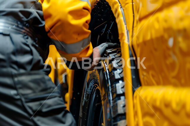 استكشاف الأعطال وتصليحها، ورش ومعامل الصيانه في المملكه العربيه, صوره مقربه لمهندس صيانه ميكانيكي يرتدي سترة الحماية  يقوم بأعمال الصيانه و الفحص والتشييك على أجزاء السياره, مهن ووظائف سعوديه