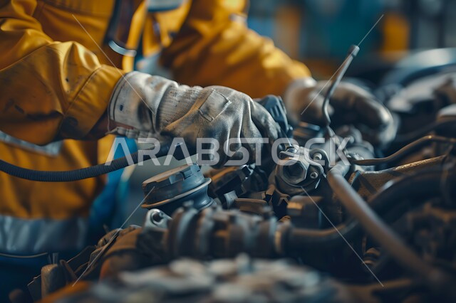 ورش ومعامل الصيانه في المملكه العربيه, صوره مقربه لمهندس صيانه ميكانيكي يرتدي سترة الحماية  يقوم بأعمال الصيانه و الفحص والتشييك على أجزاء السياره, استكشاف الأعطال وتصليحها، مهن ووظائف سعوديه