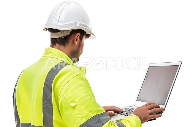 الاهتمام بشؤون العمل، استخدام الأجهزة التقينة الحديثة في المجال الهندسي، بورتريه مقرب من الخلف لمهندس عربي خليجي سعودي يرتدي سترة وخوذة الحماية يحمل بيده جهاز الحاسوب المحمول، مهن ووظائف هندسية سعودية، خلفية بيضاء