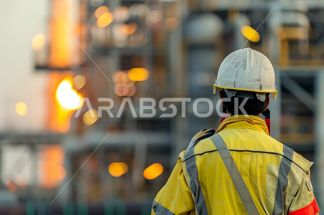 مراقبة ومتابعة عمليات الانتاج وسير عمل الآلات، وظائف ومهن هندسية شبابية، العمل في مصانع ومعامل المملكة العربية السعودية، صورة مقربة من الخلف لمهندس صناعي عربي خليجي سعودي يرتدي السترة وخوذة الحماية داخل المصنع