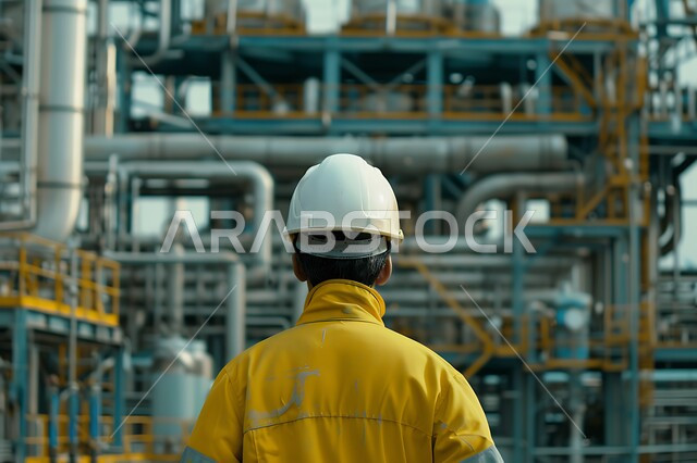 متابعة ومراقبة عمليات الانتاج وسير عمل الآلات، وظائف ومهن هندسية شبابية، العمل في مصانع ومعامل المملكة العربية السعودية، صورة مقربة من الخلف لمهندس صناعي عربي خليجي سعودي يرتدي السترة وخوذة الحماية داخل المصنع