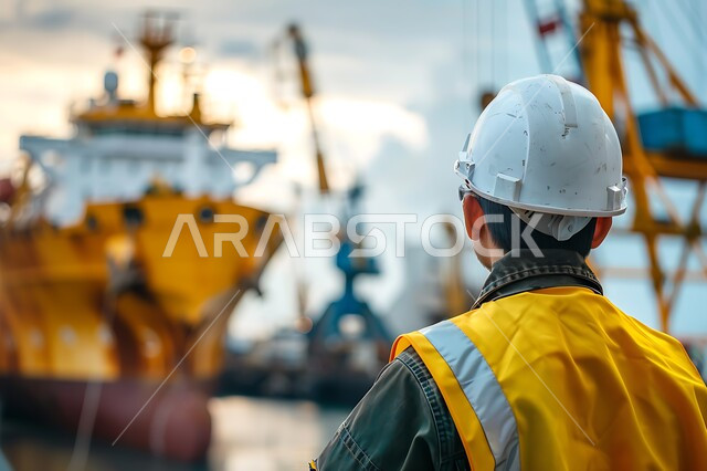 عمليلات كشف الأعطال واصلاحها، العمل في مجال صيانة واصلاح السفن المملكة العربية السعودية، وظائف ومهن هندسية شبابية، صورة مقربة من الخلف لمهندس صناعي عربي خليجي سعودي يرتدي السترة وخوذة الحماية