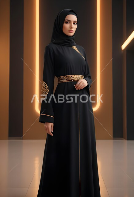 الاهتمام بالمظهر الخارجي، مفهوم الأناقة والأنوثة، امراه عربية سعودية  ترتدي العباءة والحجاب تنظر الى الكاميرا بايماءات الجدية والثقة بالنفس، الأزياء العصرية التقليدية، موديلات عبايات خليجية بتصاميم متنوعة، حجابات اسلامية راقية، صورة الجسم بالطول الكامل