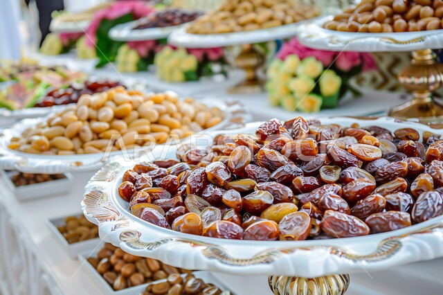 تمور ومكسرات صحية لذيذة، أطباق مليئة بالتمر والفواكه المجففة واللوز الطازجة، محاصيل زراعية ومنتجات محلية سعودية وطنية، ضيافة رمضانية شهية، غذاء صحي ومفيد، وجبة غذائية عالية الأهمية