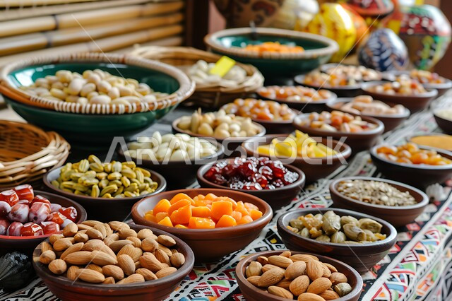  أطباق مليئة بالتمر والفواكه المجففة واللوز الطازجة، محاصيل زراعية ومنتجات محلية سعودية وطنية، تمور ومكسرات صحية لذيذة، ضيافة رمضانية شهية، غذاء صحي ومفيد، وجبة غذائية عالية الأهمية