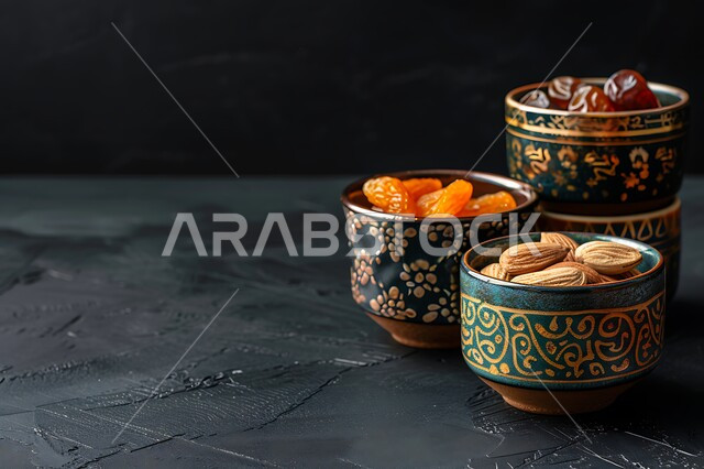 مكسرات وتمور صحية لذيذة، أطباق مليئة بالتمر والفواكه المجففة واللوز الطازجة، محاصيل زراعية ومنتجات محلية سعودية وطنية، ضيافة رمضانية شهية، غذاء صحي ومفيد، وجبة غذائية عالية الأهمية، خلفية سوداء