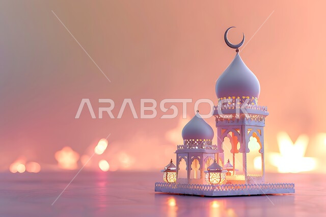 Decorative illuminated metal lanterns, traditional artifacts and decorations to celebrate the coming of the holy month of Ramadan, Ramadan atmosphere and Islamic spirituality, Arab customs and traditions in the decoration of holidays and religious occasions, pink background