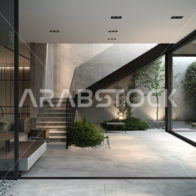 فلل سكنية بتصاميم عصرية، التصميم الحديث لسلم من الرخام داخل منزل فاخر، الديكورات الداخلية باللون الرمادي الفخم، مفهوم الفن المعماري الهندسي في السعودية، اكسسوارات وتحف وأثاث منزلي راقي