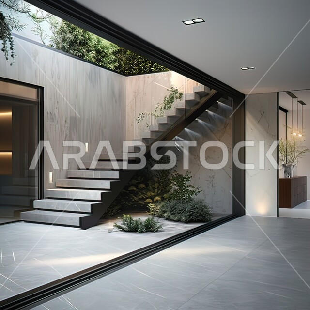 Modern design of marble staircase inside a luxury house, luxurious gray interiors, residential villas with modern designs, the concept of engineering architecture in Saudi Arabia, accessories, antiques and high-end home furniture