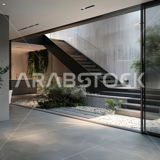 الديكورات الداخلية باللون الرمادي الفخم، التصميم الحديث لسلم من الرخام داخل منزل فاخر، فلل سكنية بتصاميم عصرية، مفهوم الفن المعماري الهندسي في السعودية، اكسسوارات وتحف وأثاث منزلي راقي