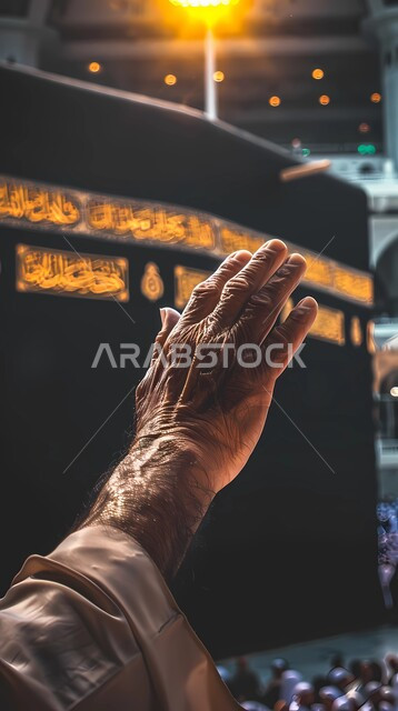 The importance of religious sanctities for Muslims, performing acts of worship and duties, performing Hajj and Umrah rituals, a close-up image of a hand raised in front of the Kaaba to supplicate and pray to God, Islamic religious landmarks in the Kingdom of Saudi Arabia, the Grand Mosque in Mecca
