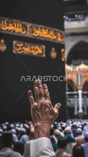 Performing acts of worship and duties, the importance of religious sanctities for Muslims, performing Hajj and Umrah rituals, a close-up of a hand raised in front of the Kaaba to supplicate and pray to God, Islamic religious landmarks in the Kingdom of Saudi Arabia, the Grand Mosque in Mecca