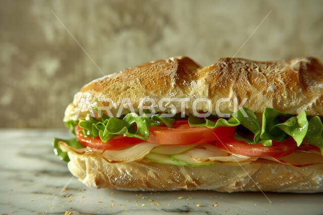 وجبة فطور صباحية، طبق مفيد وصحي وسريع ، اتباع الحميات الغذائية، أطعمة ووجبات لذيذة مليئة بالبروتينات الصحية، ساندويش من التوست المحشي باللحم البقري والجبن والطماطم والخس على طاولة رخامية