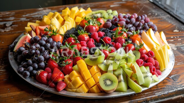 الفواكه المليئة بالفوائد والفيتامينات المغذية، ثمار ومحاصيل زراعية وطنية محلية سعودية، صورة مقربة لطبق من الفاكهة المتنوعة والطازجة، مأكولات مفيدة و صحية