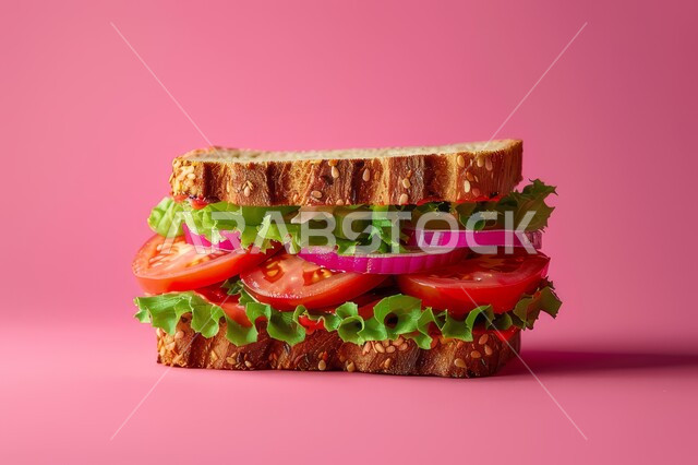 اتباع الحميات الغذائية، طبق مفيد وصحي وسريع ، وجبة فطور صباحية، أطعمة ووجبات لذيذة مليئة بالبروتينات الصحية، ساندويش من التوست المحشي بالخس والطماطم والبصل، خلفية وردية