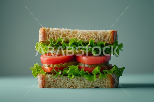 ساندويش من التوست المحشي بالخس والطماطم والبصل، اتباع الحميات الغذائية، طبق مفيد وصحي وسريع ، وجبة فطور صباحية، أطعمة ووجبات لذيذة مليئة بالبروتينات الصحية، خلفية زرقاء