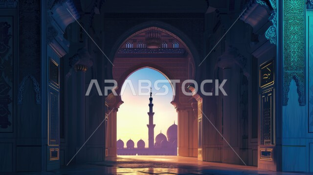Islamic decorations and engravings of the arches and internal columns of mosques, worship and drawing closer to God Almighty, sacred religious landmarks and places, decorations and designs for domes and minarets, architectural engineering art of mosques in the Kingdom of Saudi Arabia