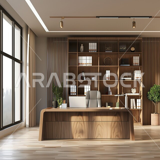 Elegant interior designs and decorations with luxurious and comfortable furniture for office rooms, advanced architectural engineering, reading and sitting rooms, a work desk with a large glass façade, modern modern design for offices of Saudi companies.