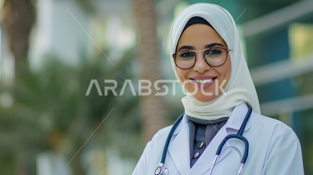 Medical examination and provision of therapeutic and advisory services to patients, women working in the field of medicine and the health sector in Saudi Arabia, looking at the camera with expressions of pleasure and self-confidence, a smiling veiled Saudi Arabian Gulf doctor wearing a medical coat and wearing an examination stethoscope around her neck, nature background