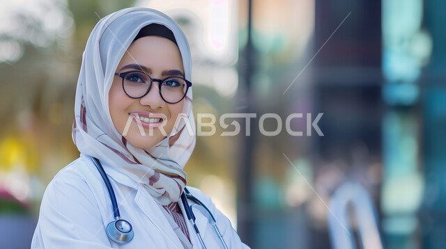 الفحص الطبي وتقديم الخدمات العلاجية والاستشارية للمرضى, عمل النساء في مجال الطب وقطاع الصحة في السعودية،  النظر الى الكاميرا بتعابير السرور والثقة بالنفس,طبيبة عربية خليجية سعودية محجبة مبتسمة ترتدي المعطف الطبي وتضع سماعة الفحص حول عنقها, خلفية الطبيعة