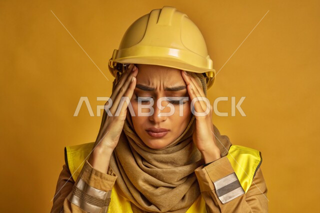 عمل النساء في القطاع الهندسي في المملكة العربية السعودية، بورتريه مقرب لفتاة عربية خليجية سعودية محجبة ترتدي خوذة الحماية وتمسك رأسها بيديها بإيماءات الألم، الشعور بالتعب والإرهاق والحاجة إلى الراحة، مهندسة تعاني من ضغط العمل، خلفية صفراء