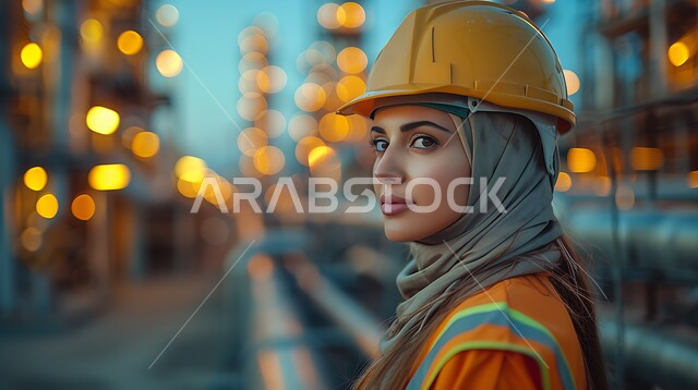 الإشراف على تكرير النفط في مصافي المملكة العربية السعودية, متابعة سير الاعمال في المصانع والمعامل، صورة من الجانب مهندسة عربية خليجية سعودية ترتدي خوذة الحماية تقف بين الأنابيب والمعدات الثقيلة, العمل في المنشآت المختصة بالصناعات البتروكيماوية