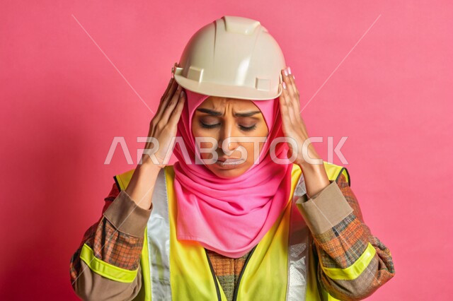 عمل النساء في القطاع الهندسي في المملكة العربية السعودية، بورتريه مقرب لفتاة عربية خليجية سعودية محجبة ترتدي الخوذة وسترة الحماية وتمسك رأسها بيديها بإيماءات الألم، الشعور بالتعب والإرهاق والحاجة إلى الراحة، مهندسة تعاني من ضغط العمل، خلفية 