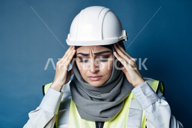 عمل النساء في القطاع الهندسي في المملكة العربية السعودية، بورتريه مقرب لفتاة عربية خليجية سعودية محجبة ترتدي الخوذة وسترة الحماية وتمسك رأسها بيديها بإيماءات الألم، الشعور بالتعب والإرهاق والحاجة إلى الراحة، مهندسة تعاني من ضغط العمل، خلفية 