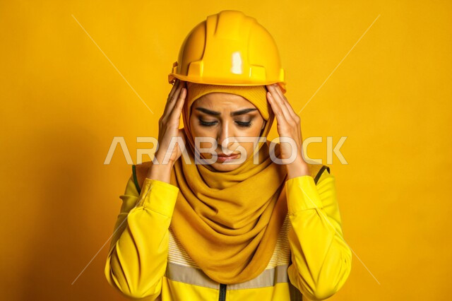 عمل النساء في القطاع الهندسي في المملكة العربية السعودية، بورتريه مقرب لفتاة عربية خليجية سعودية محجبة ترتدي الخوذة وسترة الحماية وتمسك رأسها بيديها بإيماءات الألم، الشعور بالتعب والإرهاق والحاجة إلى الراحة، مهندسة تعاني من ضغط العمل، خلفية ملونة