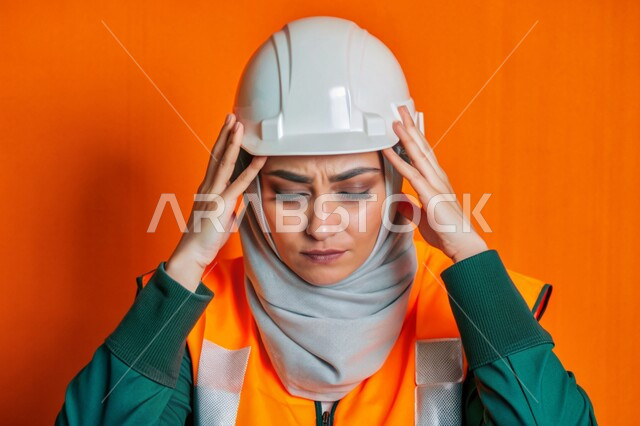  الشعور بالتعب والإرهاق والحاجة إلى الراحة، عمل النساء في القطاع الهندسي في المملكة العربية السعودية، بورتريه مقرب لفتاة عربية خليجية سعودية محجبة ترتدي الخوذة وسترة الحماية وتمسك رأسها بيديها بإيماءات الألم، مهندسة تعاني من ضغط العمل، خلفية ملونة