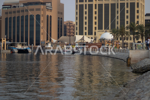 Dubai Creek Harbour by day, waterfront and entertainment in the UAE, architectural art of towers and skyscrapers overlooking the Arabian Gulf coast, tourist places and landmarks