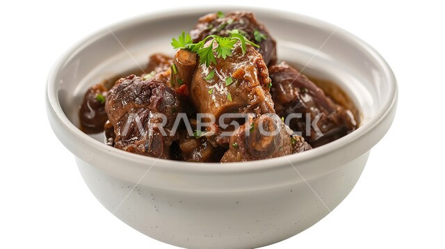 الأساليب الفنية في تقديم الطعام، الوصفات العربية الشعبية اللذيذة, مأكولات شرقية تقليدية تراثية شهية في السعودية، صورة مقربة لطبق من ثريد اللحم، خلفية بيضاء