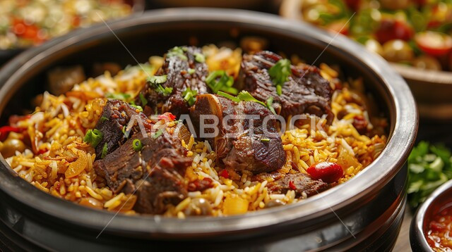 صحن من رز الكبسة بالتوابل، طبق من أرز المندي و قطع لحم الضأن والخضار الطازجة، أطباق ووجبات عربية تقليدية شعبية، وصفات طعام من المطبخ السعودي، مطاعم للمأكولات العربية الشرقية, فنون تقديم الطعام