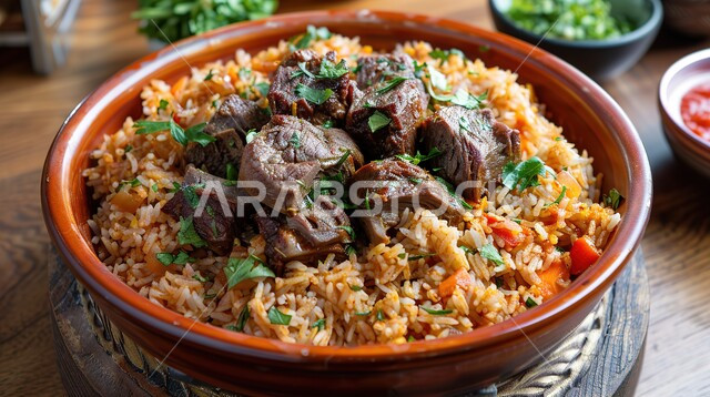 طبق من أرز المندي و قطع لحم الضأن والخضار الطازجة، أطباق ووجبات عربية تقليدية شعبية، وصفات طعام من المطبخ السعودي، مطاعم للمأكولات العربية الشرقية, صحن من رز الكبسة بالتوابل، فنون تقديم الطعام