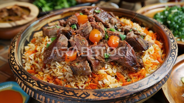 صحن من رز الكبسة بالتوابل، طبق من أرز المندي و قطع لحم الضأن والخضار الطازجة، أطباق ووجبات عربية تقليدية شعبية، وصفات طعام من المطبخ السعودي، مطاعم للمأكولات العربية الشرقية, فنون تقديم الطعام