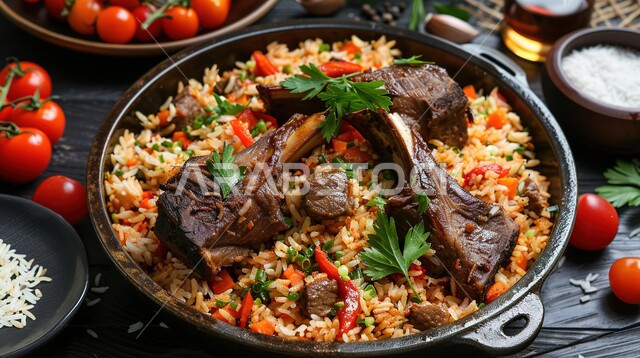 طبق من أرز المندي و قطع لحم الضأن والخضار الطازجة، أطباق ووجبات عربية تقليدية شعبية، وصفات طعام من المطبخ السعودي، مطاعم للمأكولات العربية الشرقية, صحن من رز الكبسة بالتوابل، فنون تقديم الطعام