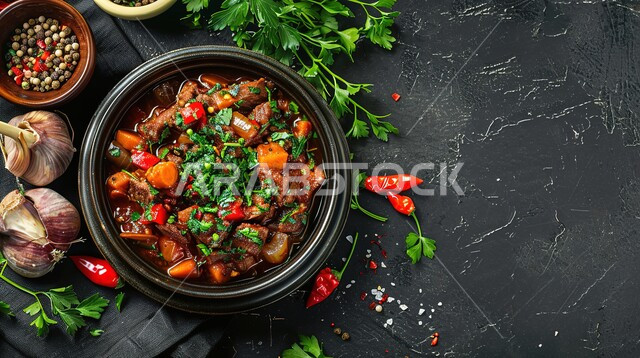 الأساليب الفنية في تقديم الطعام، مأكولات شرقية تقليدية تراثية شهية، الوصفات العربية الشعبية اللذيذة, صورة مقربة لوعاء من ثريد اللحم المطهو مع الخضار، مطاعم ومطابخ المملكة العربية السعودية