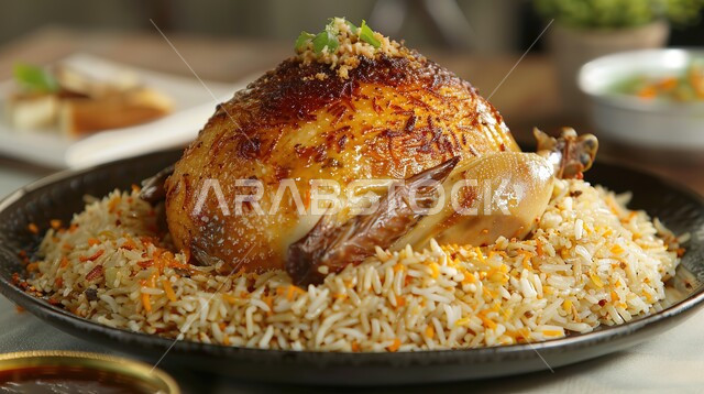 A plate of Kabsa rice with chicken, traditional popular Arab food, delicious healthy food recipes, Saudi cuisine meals, Bukhari rice with buried chicken, biryani rice with grilled chicken.