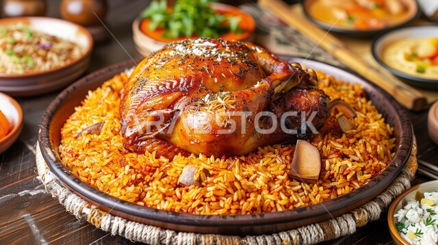 ارز بخاري بالدجاج المدفون, المأكولات العربية التقليدية الشعبية، طبق من ارز الكبسة بالدجاج، وصفات طعام صحية شهية لذيذة، وجبات المطبخ السعودي, الرز البرياني مع الفروج المشوي