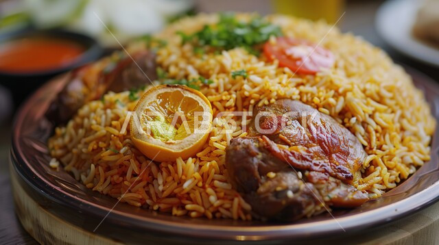 المأكولات العربية التقليدية الشعبية، طبق من ارز الكبسة بالدجاج، وصفات طعام صحية شهية لذيذة، وجبات المطبخ السعودي, ارز بخاري بالدجاج المدفون, الرز البرياني مع الفروج المشوي .