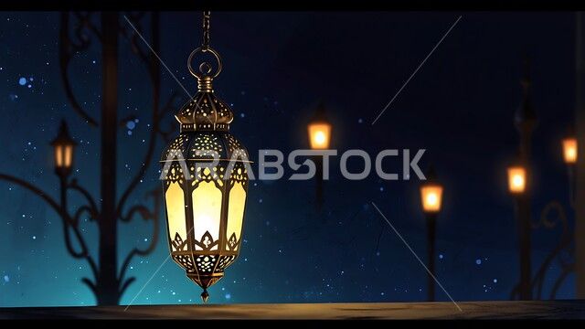 Religious antiques and accessories, celebrating the advent of the holy Ramadan, a close-up image of a metal lantern decorated with traditional designs that is illuminated at night and hung, decorations and lights for the Holy Month, lamps in the spiritual atmosphere of Ramadan, decorations and lights for Islamic occasions