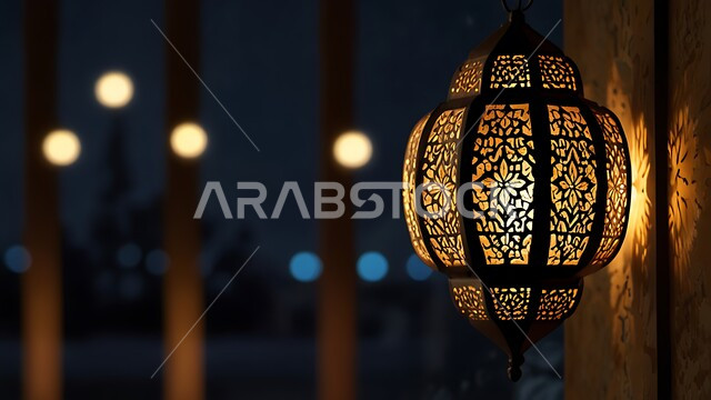 تحف واكسسوارات دينية، الاحتفال بقدوم رمضان المبارك، صورة مقربة لفانوس معدني مزخرف بتصاميم تقليدية مضيء ليلا ومعلق، زينة وأنوار الشهر الكريم، مصابيح في الاجواء الروحانية الرمضانية، زينة وانوار مناسبات اسلامية