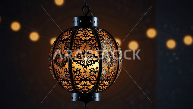 Religious antiques and accessories, celebrating the advent of the holy Ramadan, a close-up image of a metal lantern decorated with traditional designs that is illuminated at night and hung, decorations and lights for the Holy Month, lamps in the spiritual atmosphere of Ramadan, decorations and lights for Islamic occasions