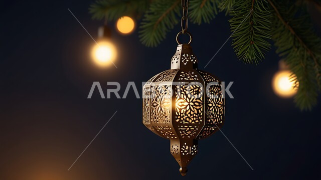 تحف واكسسوارات دينية، الاحتفال بقدوم رمضان المبارك، صورة مقربة لفانوس معدني مزخرف بتصاميم تقليدية مضيء ليلا ومعلق، زينة وأنوار الشهر الكريم، مصابيح في الاجواء الروحانية الرمضانية، زينة وانوار مناسبات اسلامية