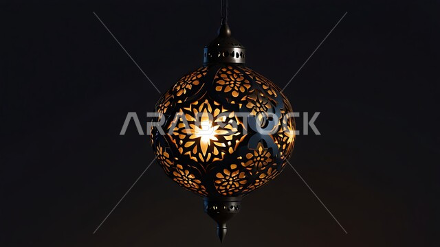 تحف واكسسوارات دينية، الاحتفال بقدوم رمضان المبارك، صورة مقربة لفانوس معدني مزخرف بتصاميم تقليدية مضيء ليلا ومعلق، زينة وأنوار الشهر الكريم، مصابيح في الاجواء الروحانية الرمضانية، زينة وانوار مناسبات اسلامية