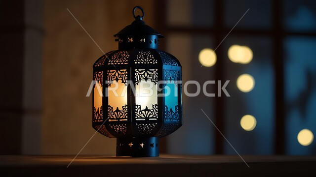 الاحتفال بقدوم رمضان المبارك، تحف واكسسوارات دينية، صورة مقربة لفانوس معدني مزخرف بتصاميم تقليدية مضيء ليلا ، زينة وأنوار الشهر الكريم، مصابيح في الاجواء الروحانية الرمضانية، زينة وانوار مناسبات اسلامية