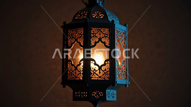 الاحتفال بقدوم رمضان المبارك، تحف واكسسوارات دينية، صورة مقربة لفانوس معدني مزخرف بتصاميم تقليدية مضيء ليلا ، زينة وأنوار الشهر الكريم، مصابيح في الاجواء الروحانية الرمضانية، زينة وانوار مناسبات اسلامية