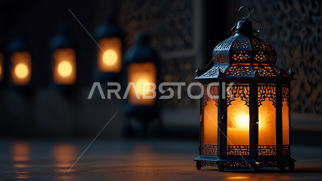 الاحتفال بقدوم رمضان المبارك، تحف واكسسوارات دينية، صورة مقربة لفانوس معدني مزخرف بتصاميم تقليدية مضيء ليلا ، زينة وأنوار الشهر الكريم، مصابيح في الاجواء الروحانية الرمضانية، زينة وانوار مناسبات اسلامية